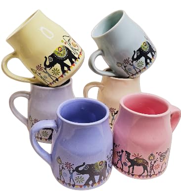 Handmade Ceramic Multicolor Mug Set of 6 – Cane Shape Flask Design, 150ml | Pottery Cups | Ideal for Gifting, Kitchen & Daily Use (Rajasthani Tea Cups)
