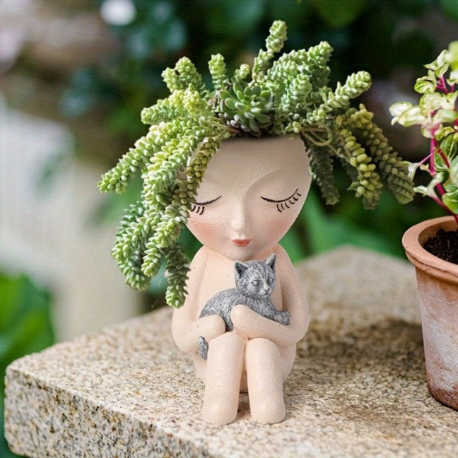 Cute Lady Succulent Resin Planter Pots Holding Cat for Garden Home Decor.