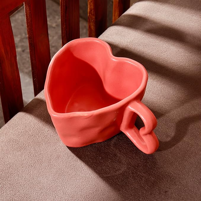Romantic Pink Heart-Shaped Love-Themed Ceramic Coffee Mug with Curved Handle Cup for Couples, Girlfriend, Home & Office Décor