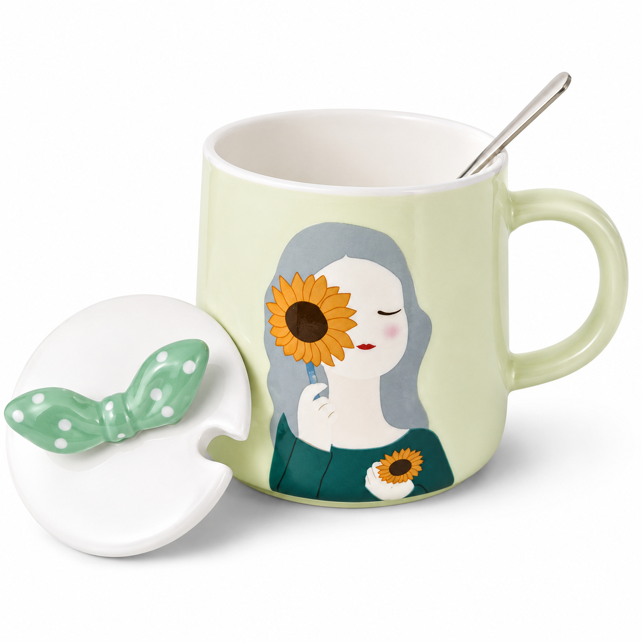 Ceramic Coffee Mug with Lid & Spoon | Cute Girl Printed Tea Mug | Large Capacity Coffee Cup for Office & Home | Ceramic Mug for Tea, Coffee & Milk (300ml - Green)