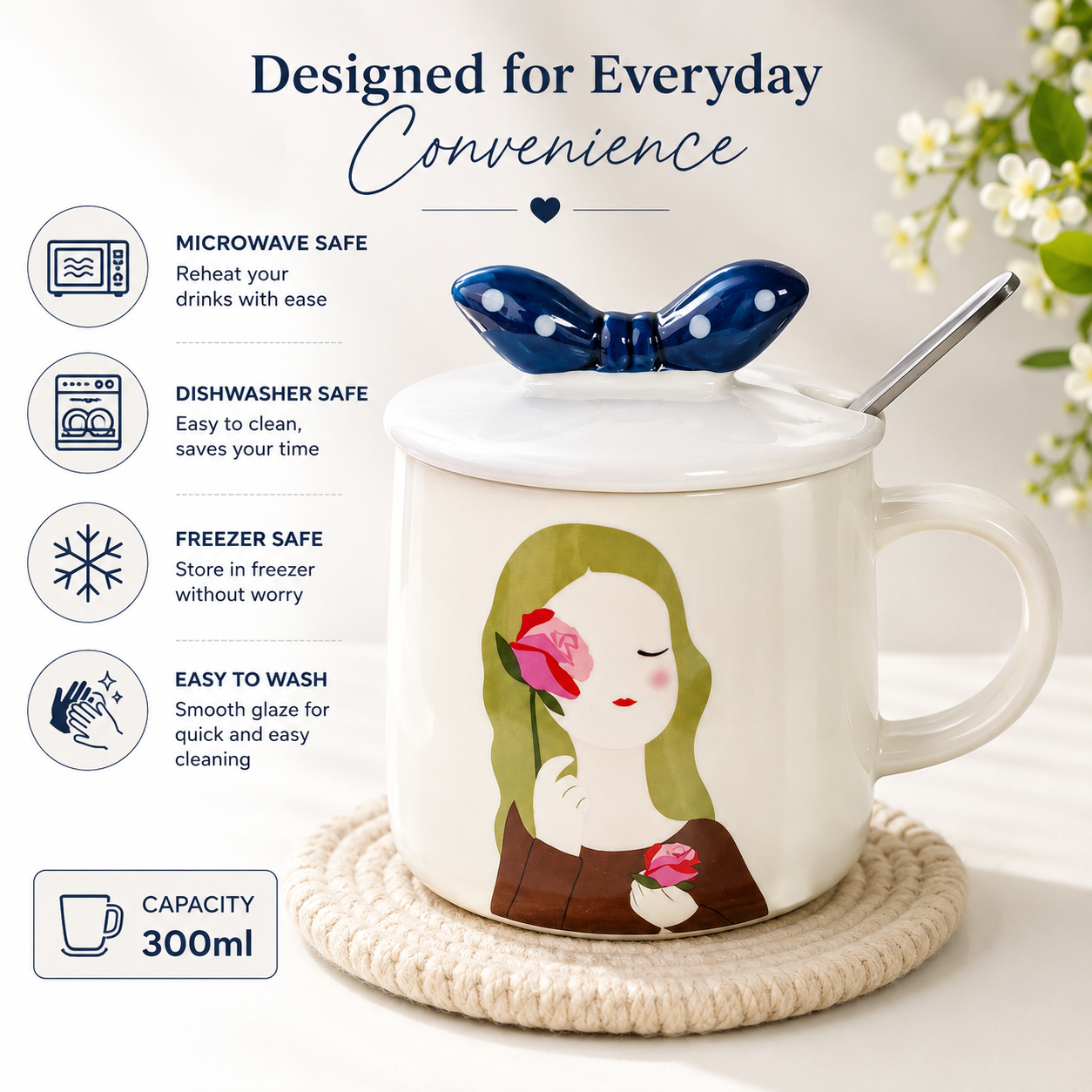 Ceramic Coffee Mug with Lid & Spoon | Cute Girl Printed Tea Mug | Large Capacity Coffee Cup for Office & Home | Ceramic Mug for Tea, Coffee & Milk