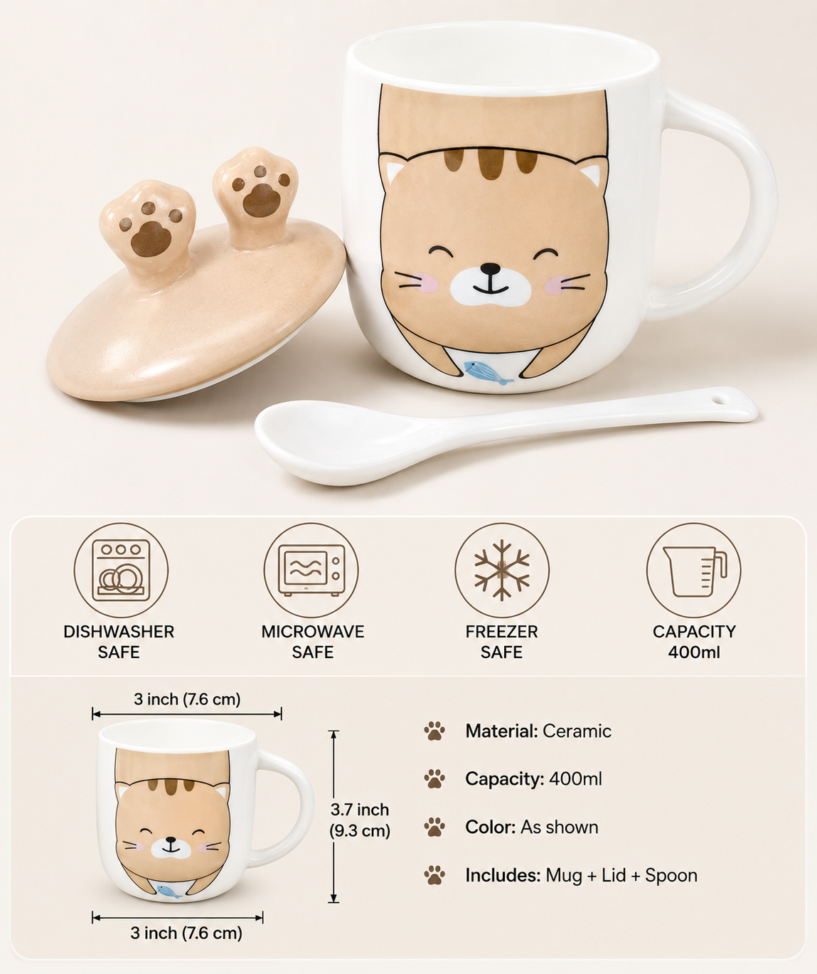 Cute Cat Ears Ceramic Coffee Mug with Lid, Cat Mug for Coffee, Tea & Milk, Cute Coffee Cup with Cover, Ceramic Tea Mug for Home, Office & Gift (400ml - Brown)
