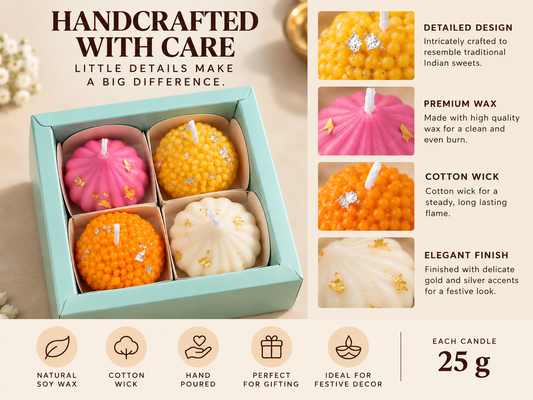 Mithai Shaped Scented Candles for Gifting | Kesar Chandan & Rose Malai Fragrance | Handmade Laddoo & Modak Style Decorative Candles