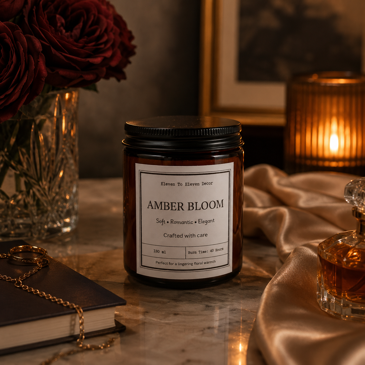 Soy Wax Scented Candle Amber Glass Jar: Amber Bloom