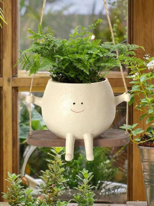 Hanging Smiley Planter Pot – Cute Swing Style Resin Pot for Succulents, Balcony & Indoor Outdoor Home Décor | No Plants or Floral Included (Swing Face Planter Pot)
