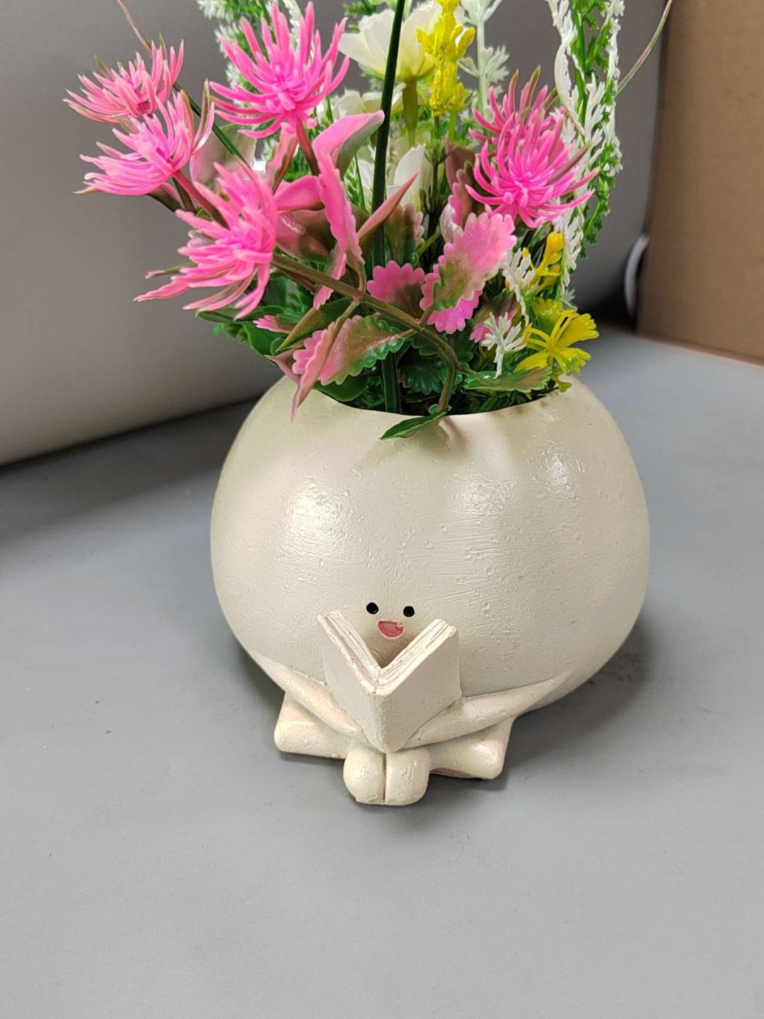 Cute Resin Planter Pot with Book Reading Design – 4.25 Inch Succulent Pot for Desk, Shelf or Office Decor – Small Indoor Plant Container | No Plants or Floral Included