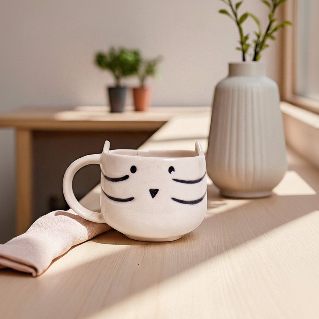 Handmade Ceramic Kitty Coffee Mug 200 ml | Cute Cat Whiskers & Ears Design Cup | Stoneware Tea, Milk & Hot Chocolate Mug | Adorable Drinkware for Kids, Girls & Cat Lovers