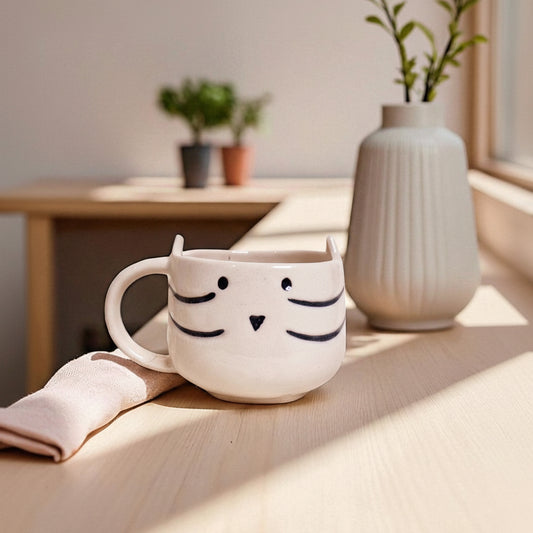 Handmade Ceramic Kitty Coffee Mug 200 ml | Cute Cat Whiskers & Ears Design Cup | Stoneware Tea, Milk & Hot Chocolate Mug | Adorable Drinkware for Kids, Girls & Cat Lovers
