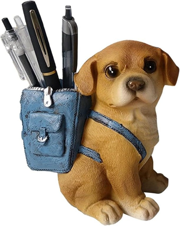 Cute Puppy Dog Pen Holder with Backpack Design | Decorative Resin Tabletop Organizer for Pens, Pencils, Markers, and Office Supplies