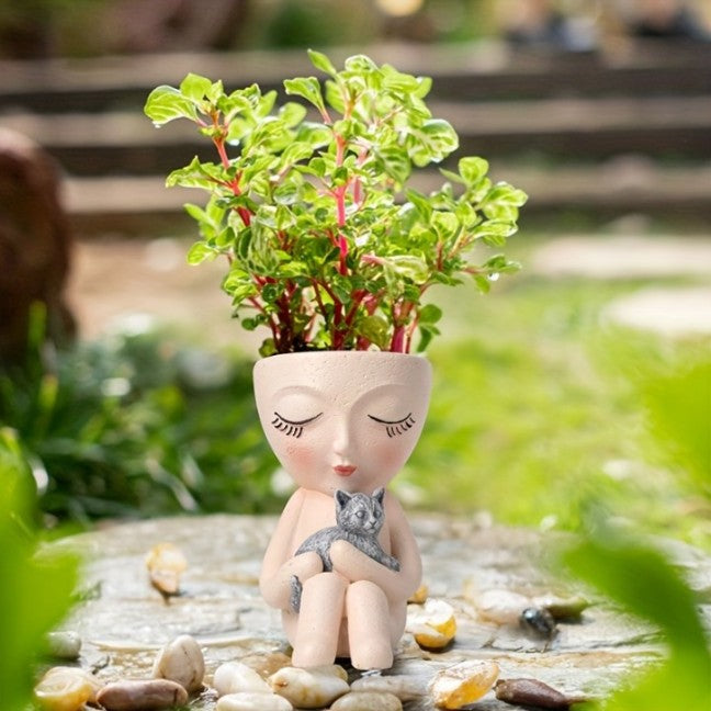 Cute Lady Succulent Resin Planter Pots Holding Cat for Garden Home Decor.