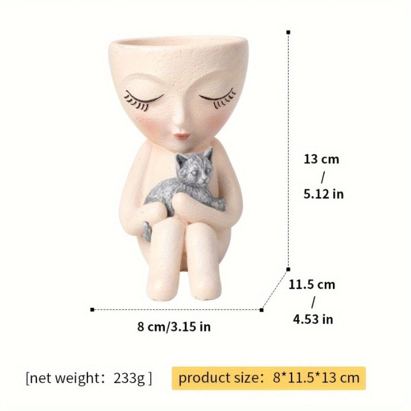Cute Lady Succulent Resin Planter Pots Holding Cat for Garden Home Decor.