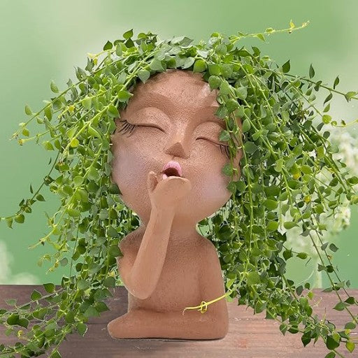 Cute Lady Succulent Resin Planter Pots Closed Eyes for Garden Home Decor(Brown)