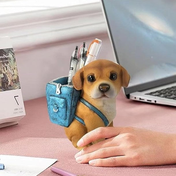 Cute Puppy Dog Pen Holder with Backpack Design | Decorative Resin Tabletop Organizer for Pens, Pencils, Markers, and Office Supplies