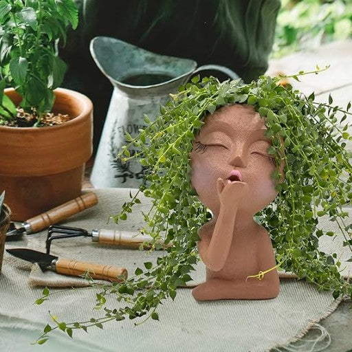 Cute Lady Succulent Resin Planter Pots Closed Eyes for Garden Home Decor(Brown)