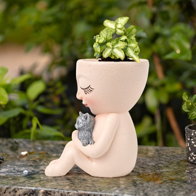 Cute Lady Succulent Resin Planter Pots Holding Cat for Garden Home Decor.