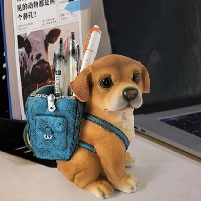 Cute Puppy Dog Pen Holder with Backpack Design | Decorative Resin Tabletop Organizer for Pens, Pencils, Markers, and Office Supplies