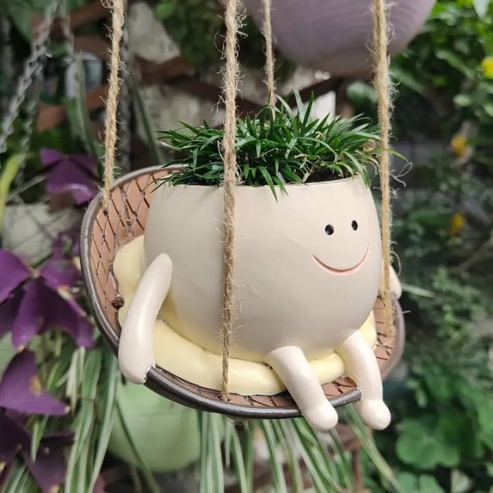 Hanging Swing Face Planter | Cute Smiley Resin Pot for Indoor Outdoor Plants | Hanging Planter Basket for Balcony, Garden, Kids Room, Office | No Plants or Floral Included