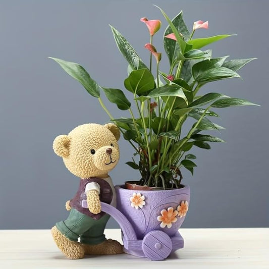 Cute Bear Succulent Planter with Floral Cart – Resin Mini Pot for Desk, Home or Kids Room Decor – Decorative Animal Plant Holder | No Plants or Floral Included (Purple)