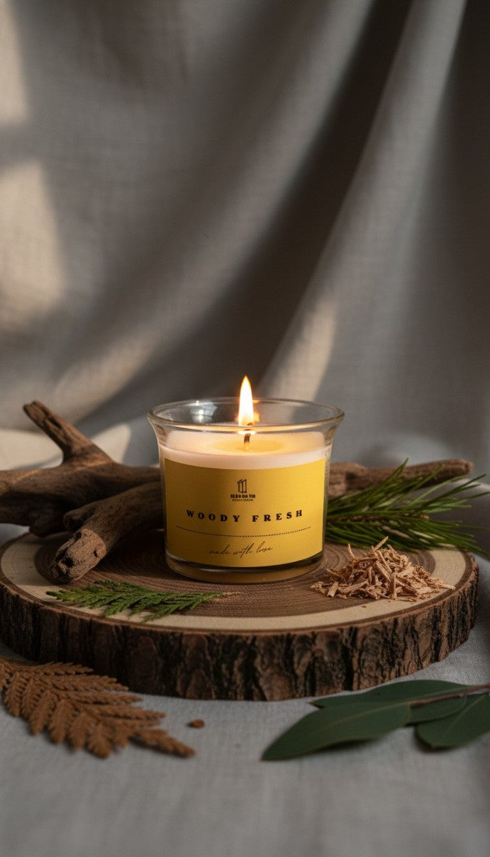 Woody Fresh Scented Jar Candle | 120g Soy Wax Candle | Premium Woody Aroma | 10 Hours Burn Time | Home Decor, Meditation, Spa, Relaxation & Gifting