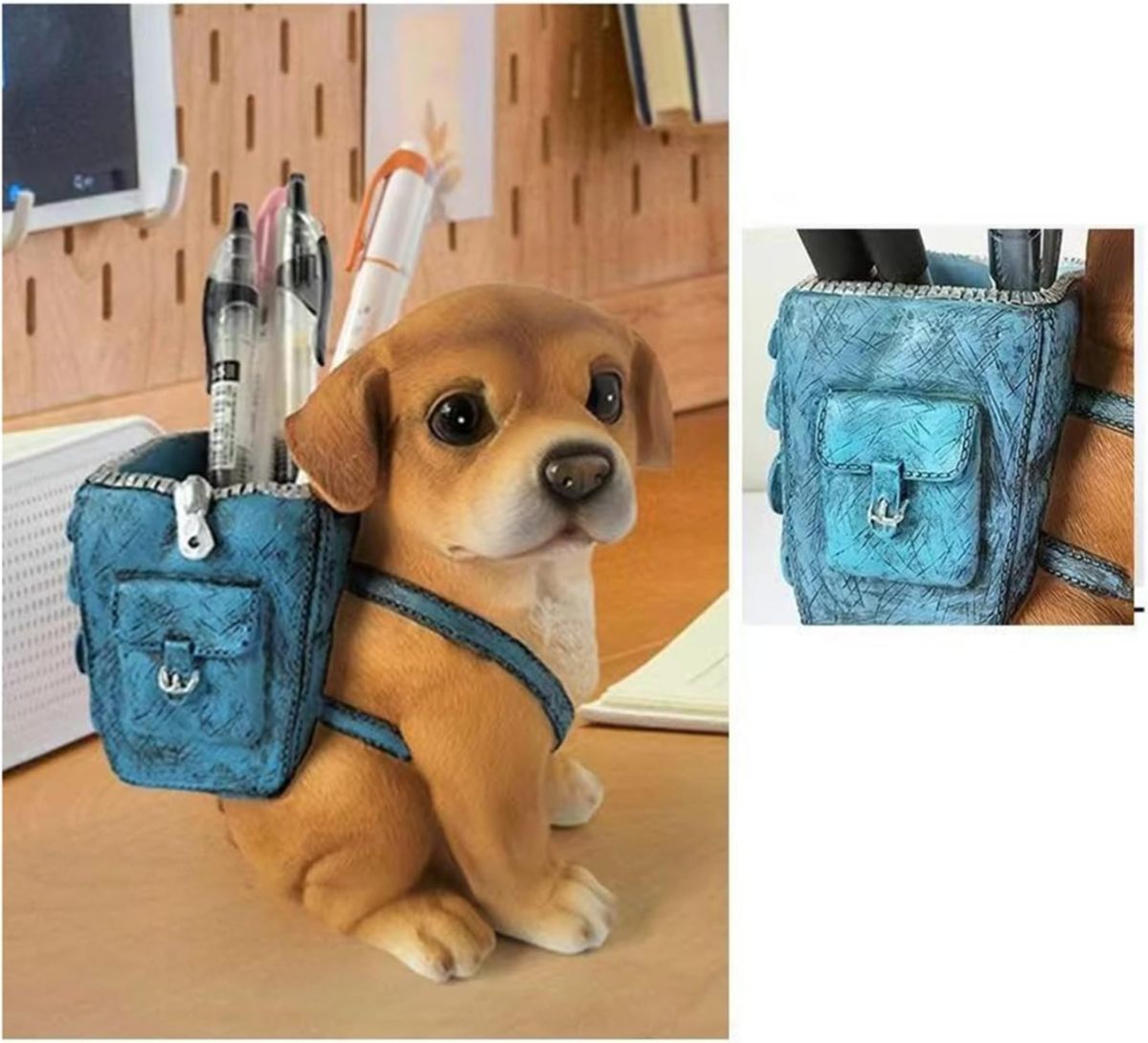 Cute Puppy Dog Pen Holder with Backpack Design | Decorative Resin Tabletop Organizer for Pens, Pencils, Markers, and Office Supplies