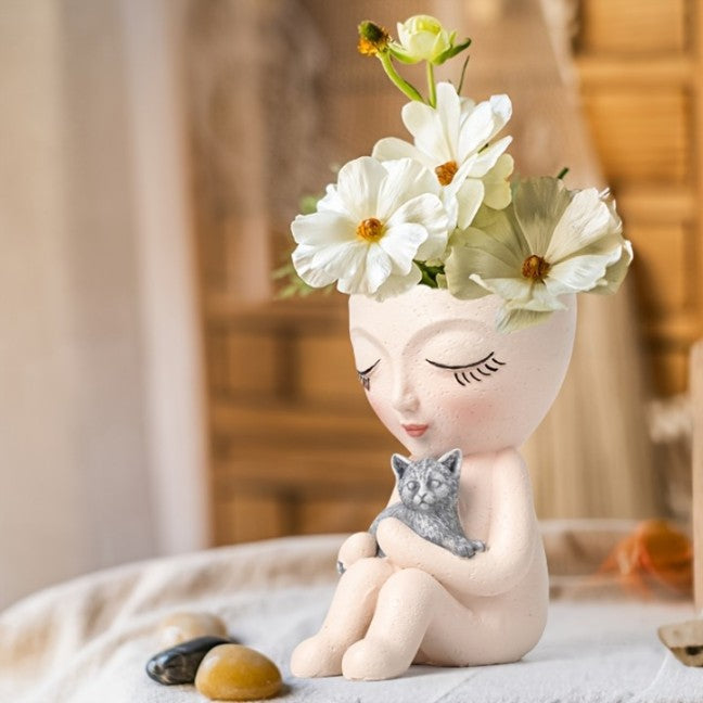 Cute Lady Succulent Resin Planter Pots Holding Cat for Garden Home Decor.