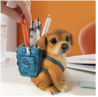 Cute Puppy Dog Pen Holder with Backpack Design | Decorative Resin Tabletop Organizer for Pens, Pencils, Markers, and Office Supplies