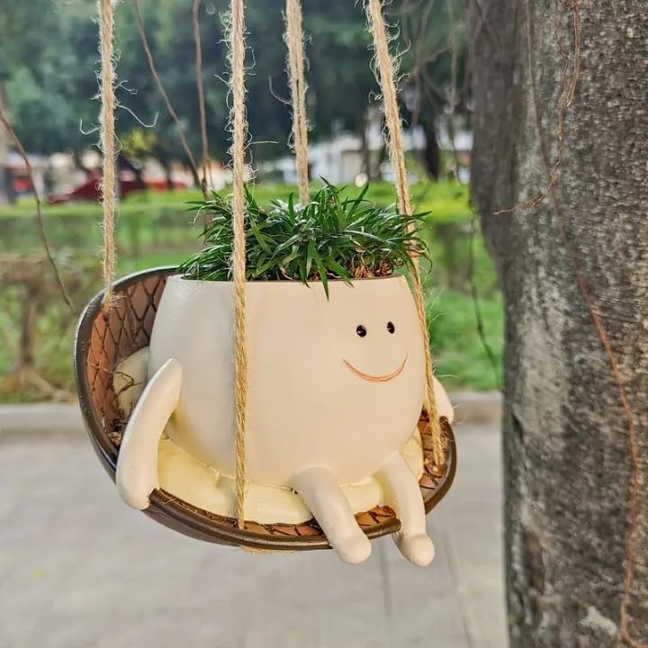 Hanging Swing Face Planter | Cute Smiley Resin Pot for Indoor Outdoor Plants | Hanging Planter Basket for Balcony, Garden, Kids Room, Office | No Plants or Floral Included