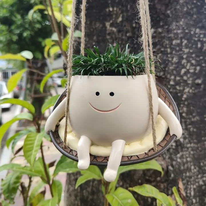 Hanging Swing Face Planter | Cute Smiley Resin Pot for Indoor Outdoor Plants | Hanging Planter Basket for Balcony, Garden, Kids Room, Office | No Plants or Floral Included