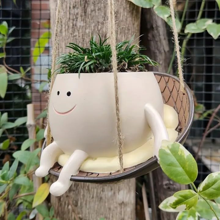 Hanging Swing Face Planter | Cute Smiley Resin Pot for Indoor Outdoor Plants | Hanging Planter Basket for Balcony, Garden, Kids Room, Office | No Plants or Floral Included