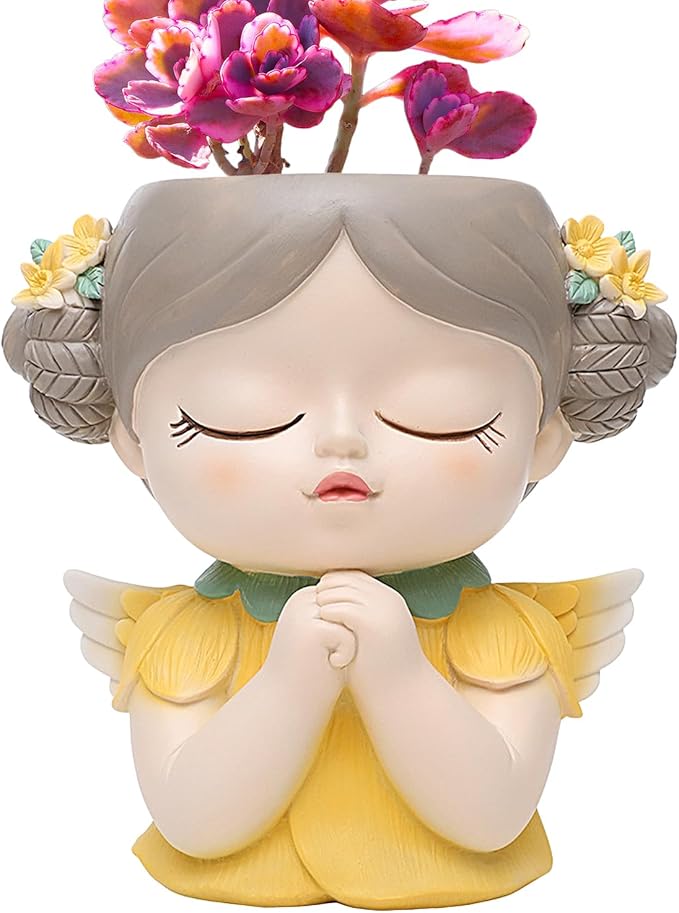 Angel Succulent Planter Pot, Cute Praying Girl Resin Flower Pot with Drainage, Mini Indoor Plant Holder for Succulents, Cactus & Desk Decor, Home Office Gift, Yellow