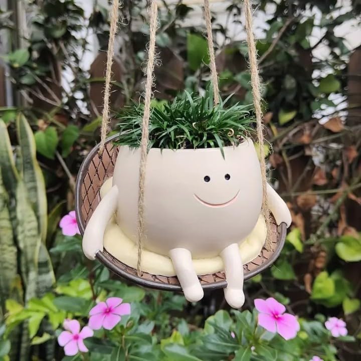 Hanging Swing Face Planter | Cute Smiley Resin Pot for Indoor Outdoor Plants | Hanging Planter Basket for Balcony, Garden, Kids Room, Office | No Plants or Floral Included