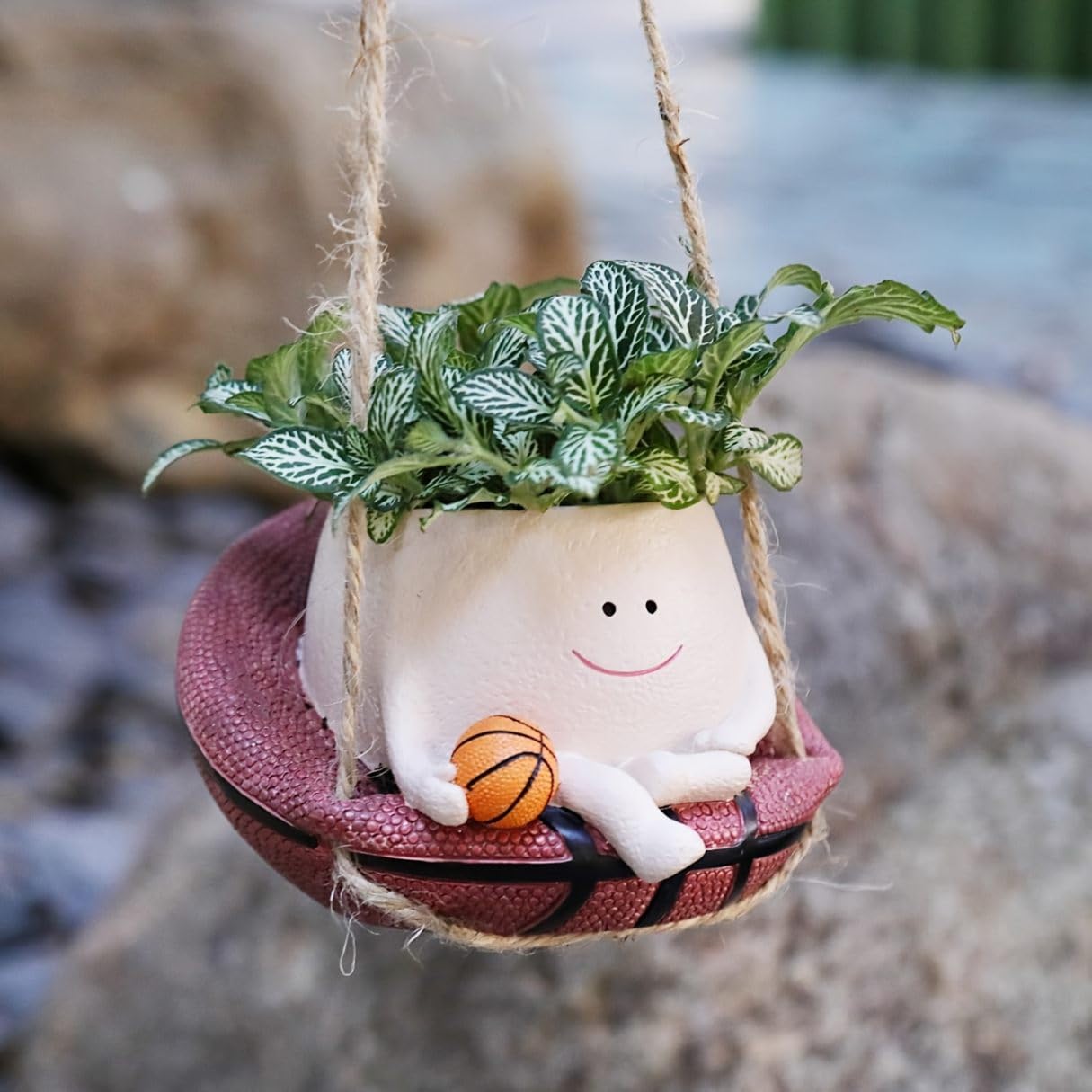 Hanging Swing Face Planter | Cute Resin Pot with Basketball Design | Indoor Outdoor Decorative Basket Planter for Balcony, Garden, Home, Office | No Plants or Floral Included