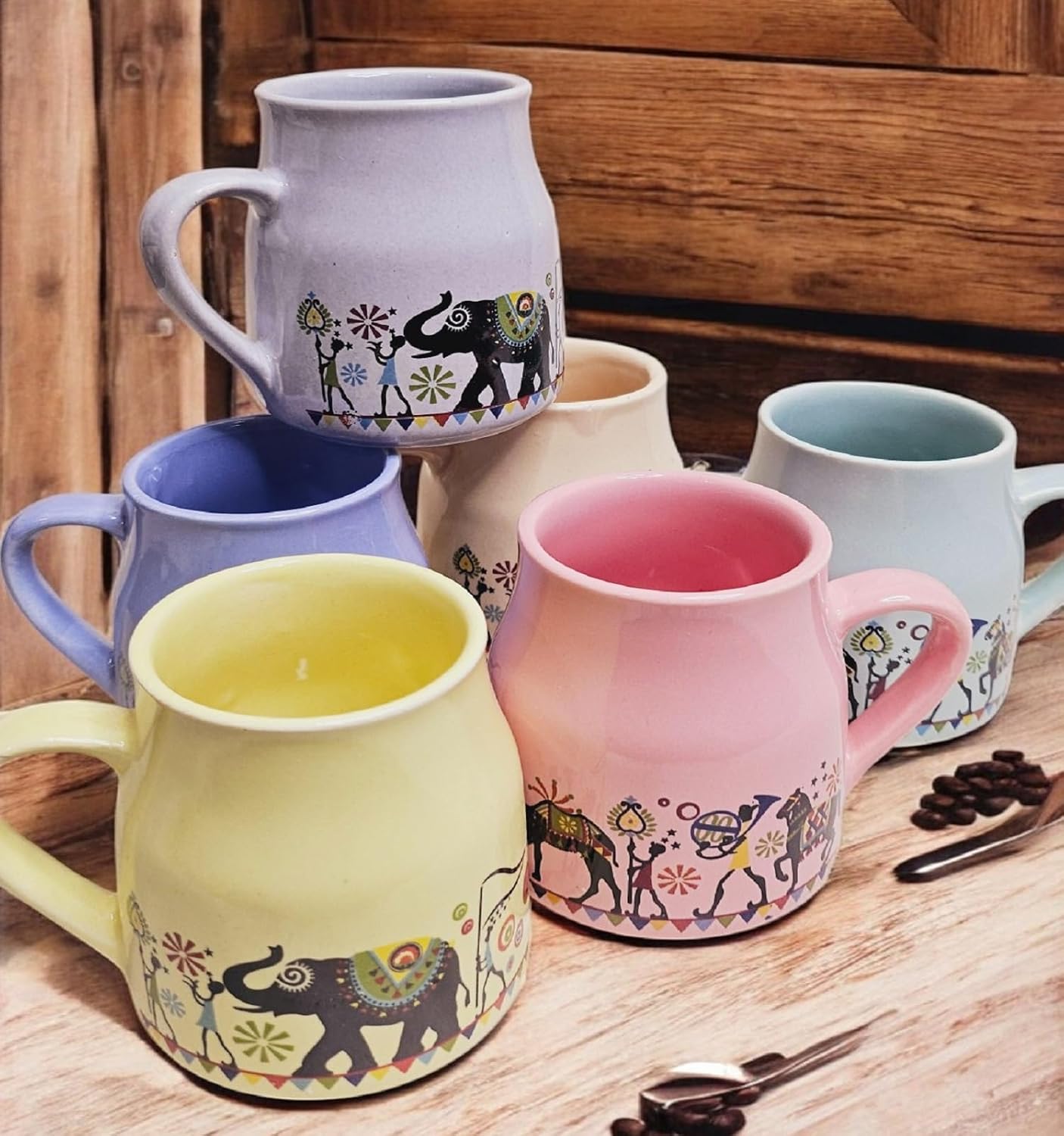 Handmade Ceramic Multicolor Mug Set of 6 – Cane Shape Flask Design, 150ml | Pottery Cups | Ideal for Gifting, Kitchen & Daily Use (Rajasthani Tea Cups)