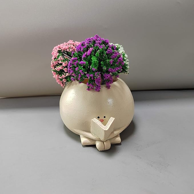 Cute Resin Planter Pot with Book Reading Design – 4.25 Inch Succulent Pot for Desk, Shelf or Office Decor – Small Indoor Plant Container | No Plants or Floral Included