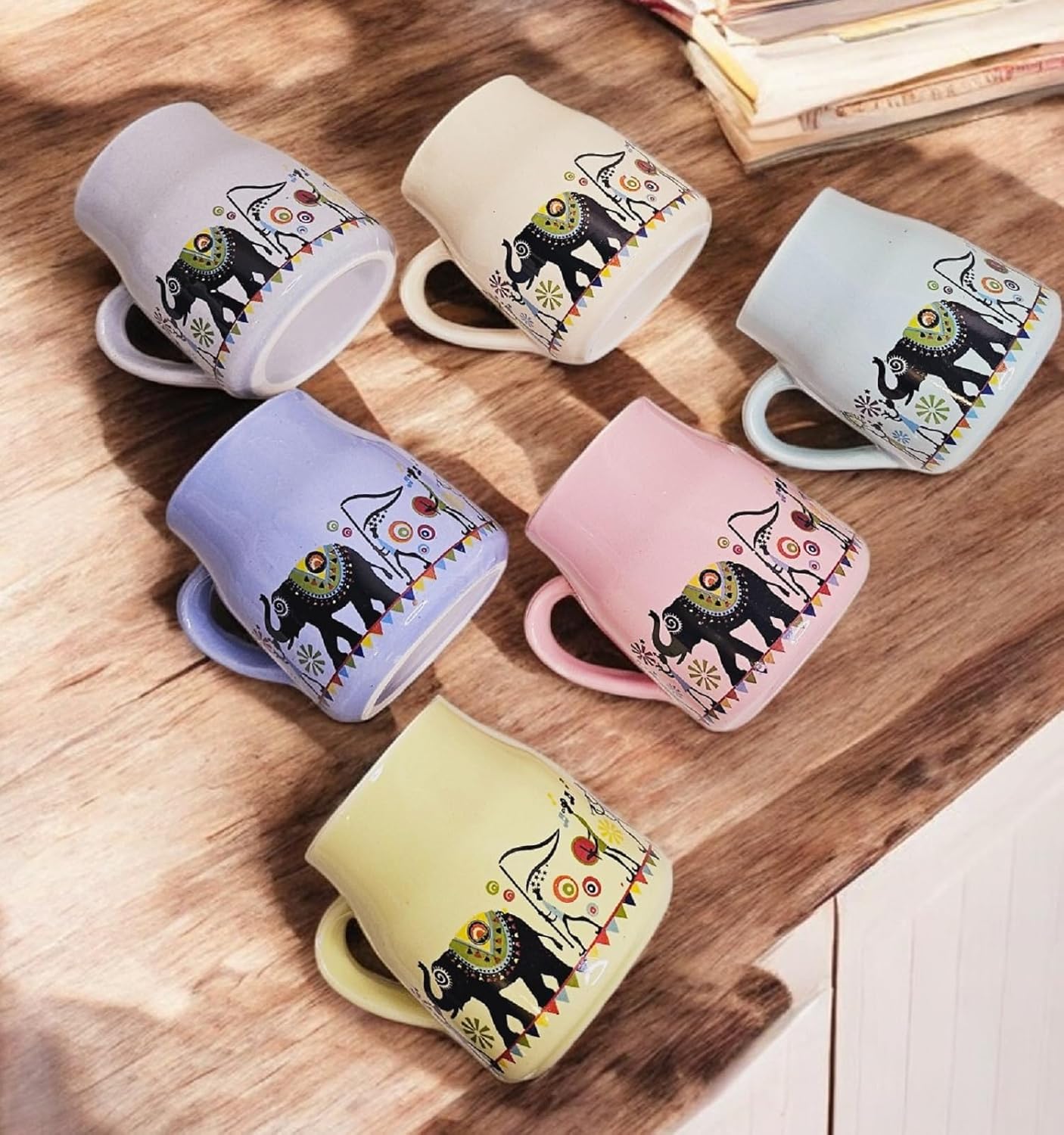 Handmade Ceramic Multicolor Mug Set of 6 – Cane Shape Flask Design, 150ml | Pottery Cups | Ideal for Gifting, Kitchen & Daily Use (Rajasthani Tea Cups)