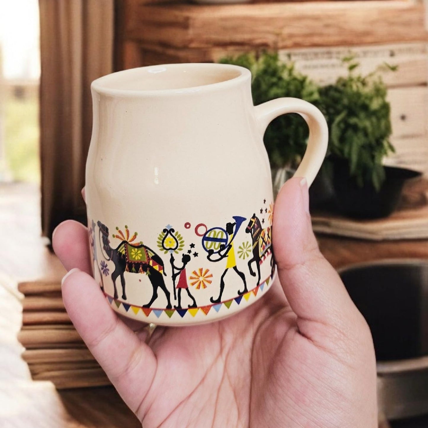 Handmade Ceramic Multicolor Mug Set of 6 – Cane Shape Flask Design, 150ml | Pottery Cups | Ideal for Gifting, Kitchen & Daily Use (Rajasthani Tea Cups)