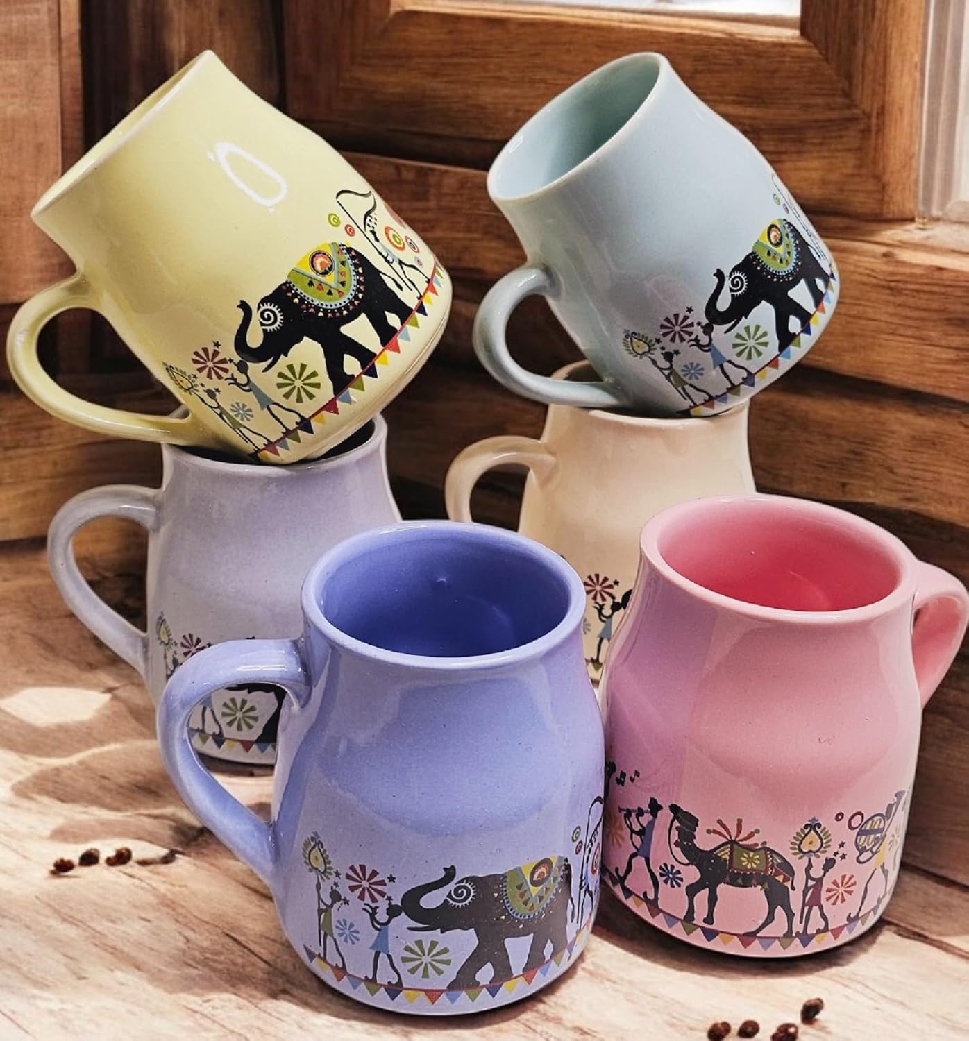 Handmade Ceramic Multicolor Mug Set of 6 – Cane Shape Flask Design, 150ml | Pottery Cups | Ideal for Gifting, Kitchen & Daily Use (Rajasthani Tea Cups)