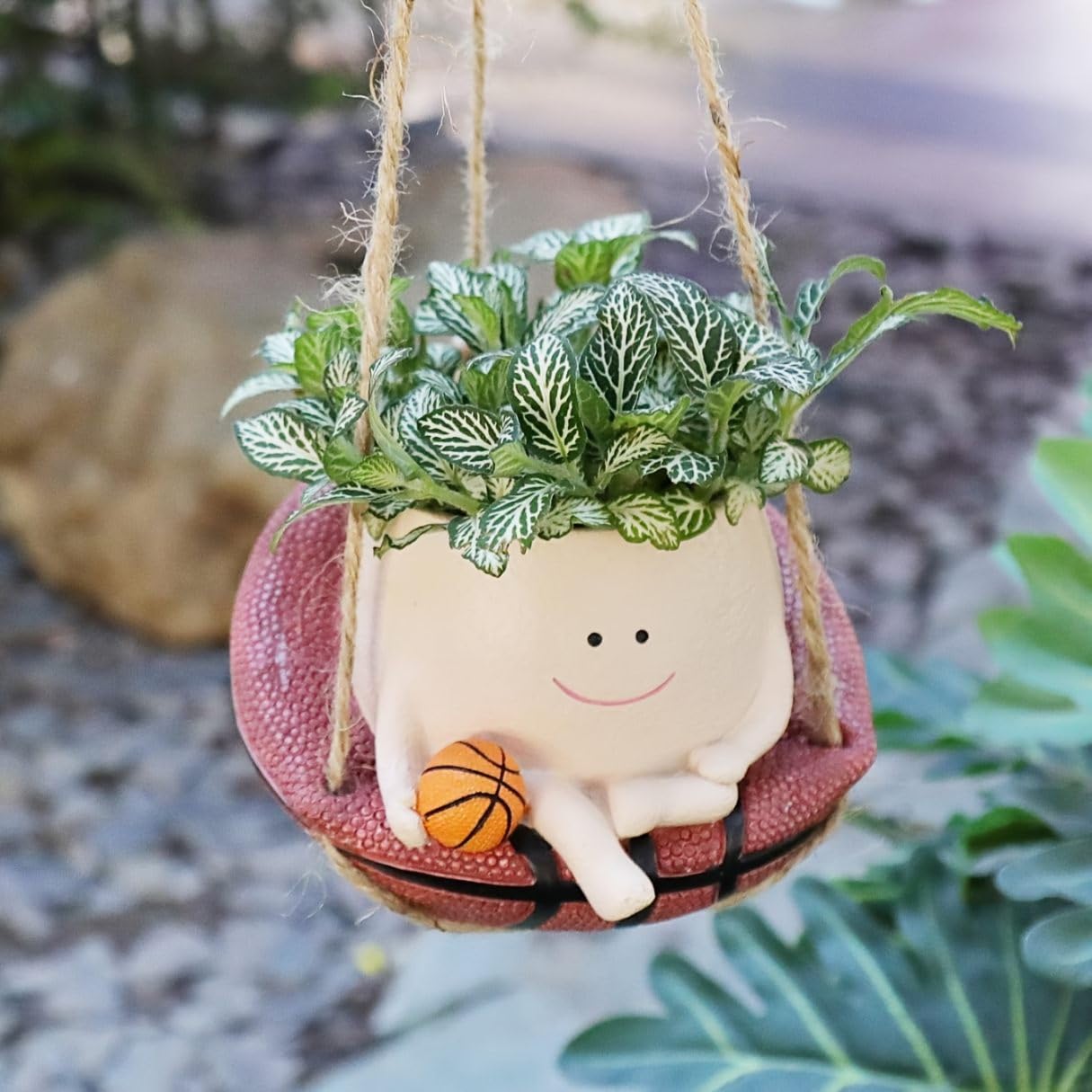 Hanging Swing Face Planter | Cute Resin Pot with Basketball Design | Indoor Outdoor Decorative Basket Planter for Balcony, Garden, Home, Office | No Plants or Floral Included