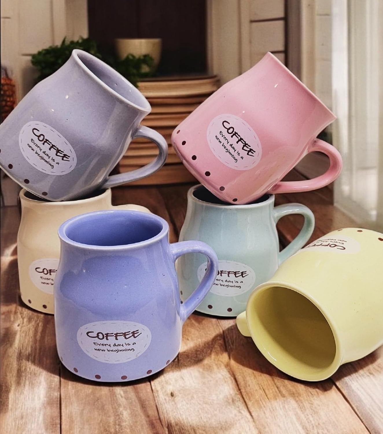 Handmade Ceramic Multicolor Coffee Mugs Set of 6 – Cane Shape Flask Design, 150ml Each | Pottery Coffee Cups | Ideal for Gifting, Kitchen & Daily Use