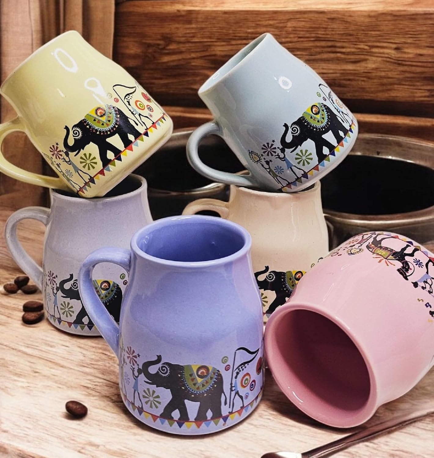 Handmade Ceramic Multicolor Mug Set of 6 – Cane Shape Flask Design, 150ml | Pottery Cups | Ideal for Gifting, Kitchen & Daily Use (Rajasthani Tea Cups)