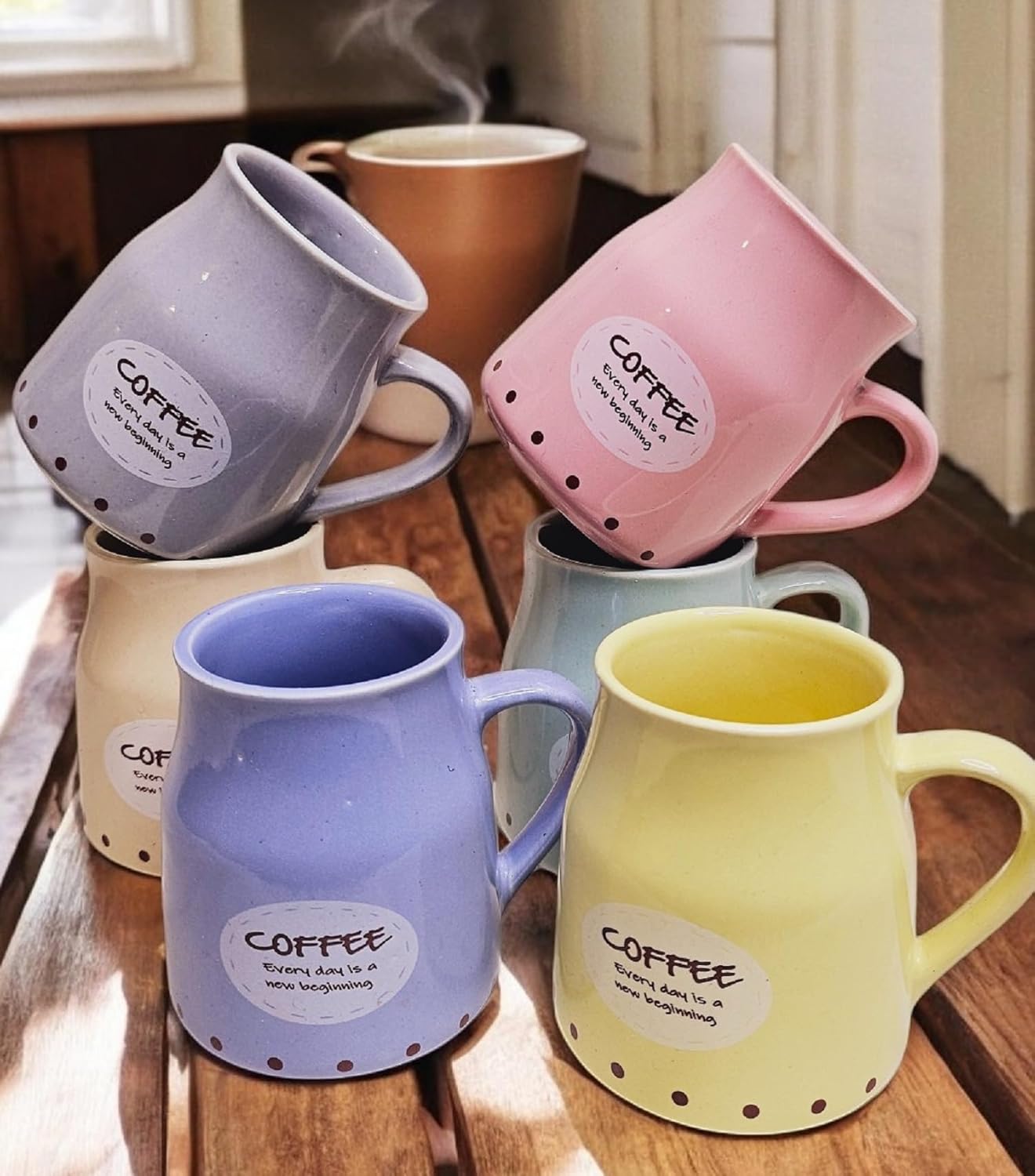 Handmade Ceramic Multicolor Coffee Mugs Set of 6 – Cane Shape Flask Design, 150ml Each | Pottery Coffee Cups | Ideal for Gifting, Kitchen & Daily Use