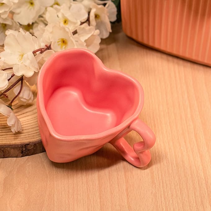 Romantic Pink Heart-Shaped Love-Themed Ceramic Coffee Mug with Curved Handle Cup for Couples, Girlfriend, Home & Office Décor