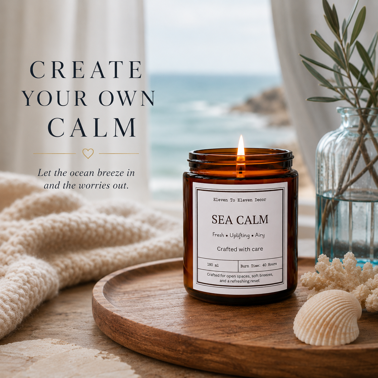 Soy Wax Scented Candle Amber Glass Jar: Sea Calm