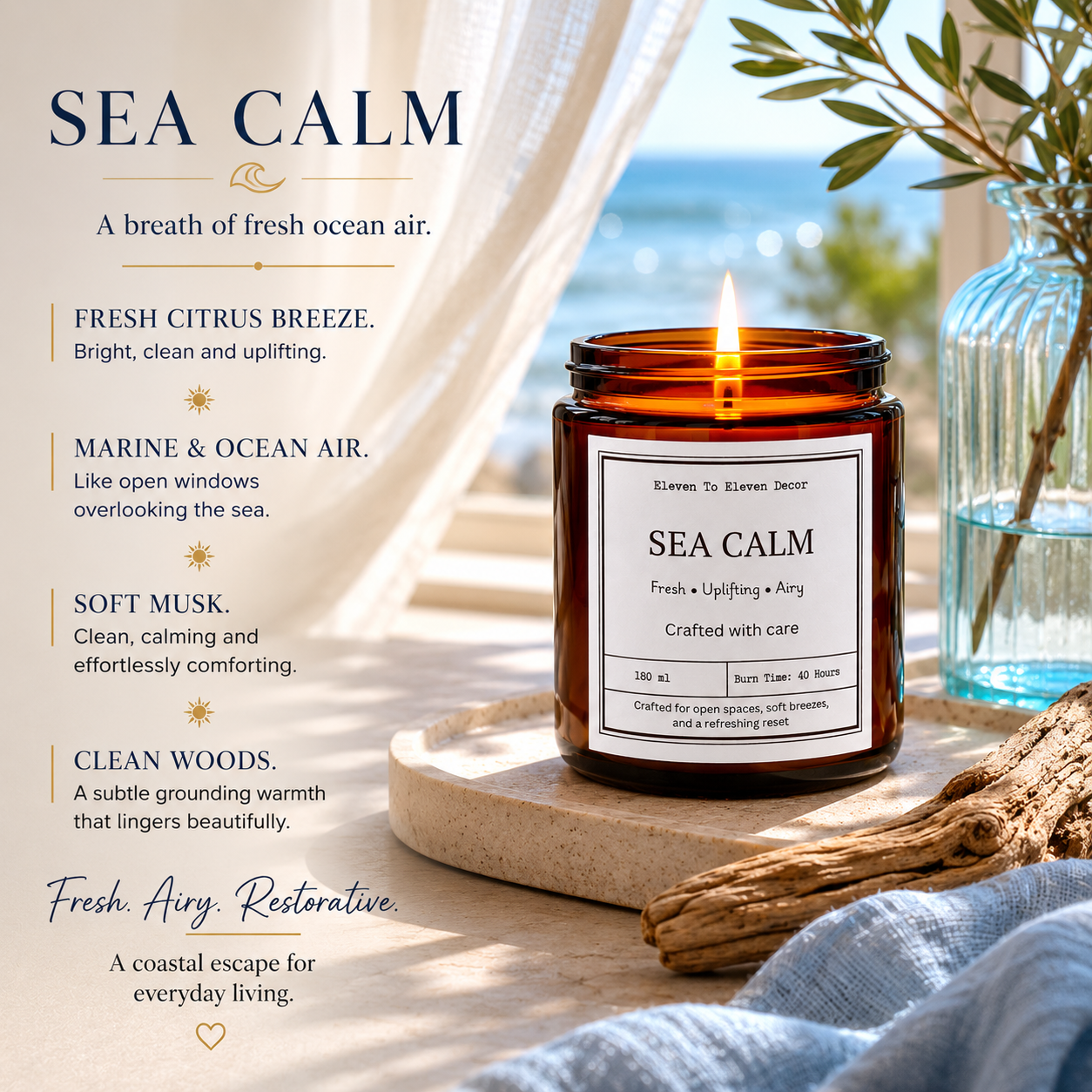 Soy Wax Scented Candle Amber Glass Jar: Sea Calm