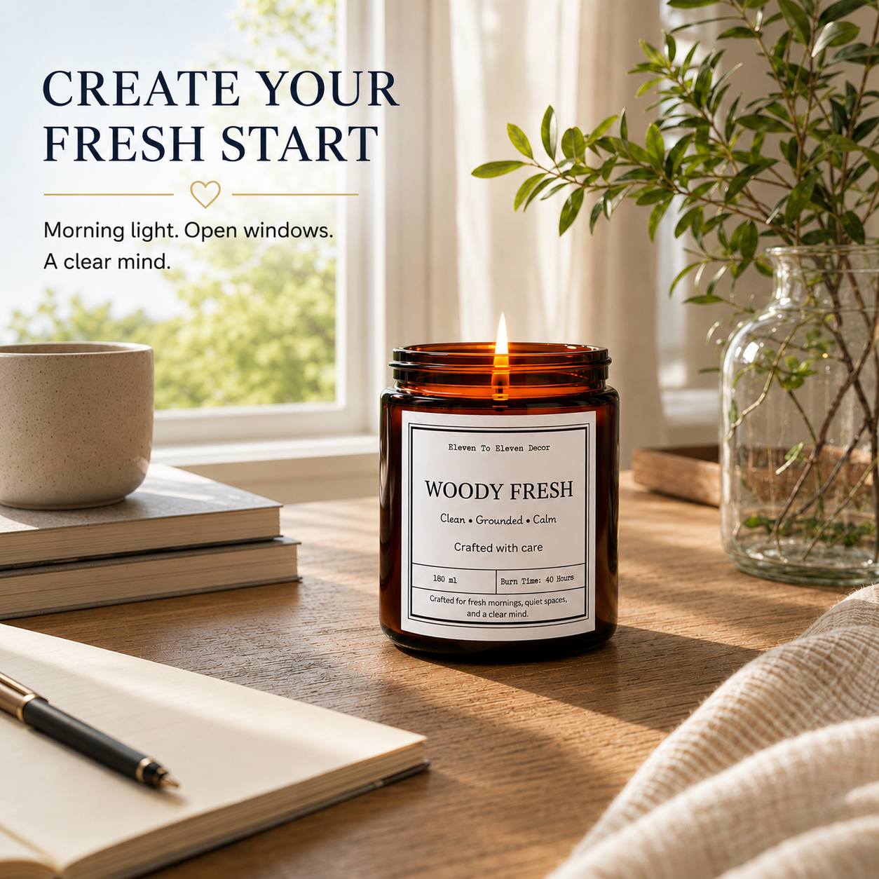 Soy Wax Scented Candle Amber Glass Jar: Woody Fresh