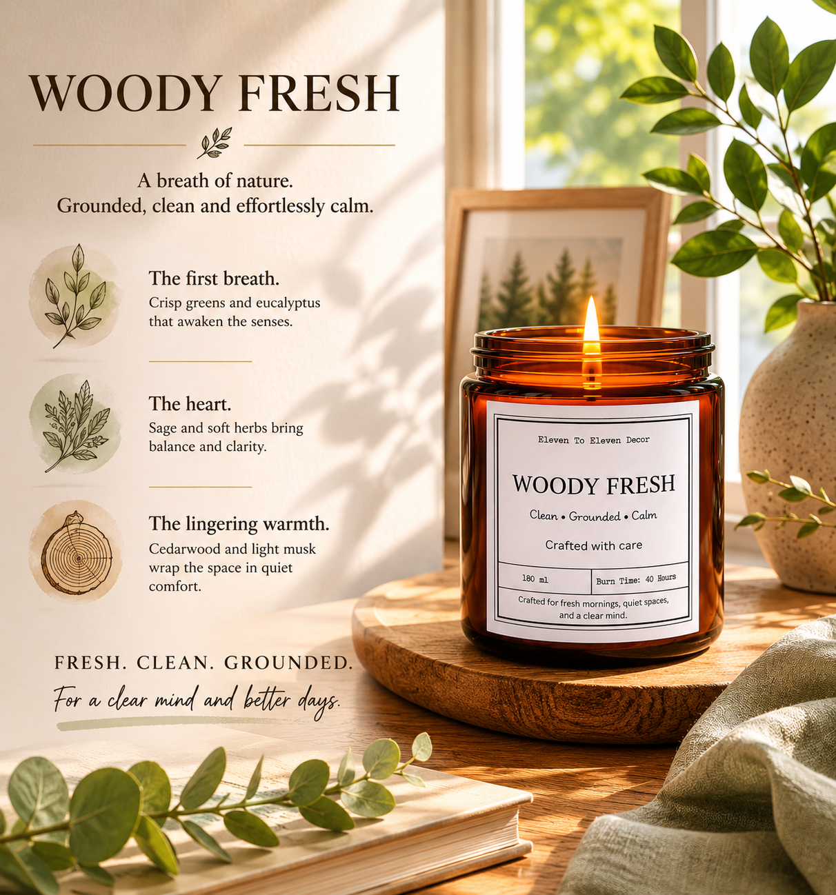 Soy Wax Scented Candle Amber Glass Jar: Woody Fresh