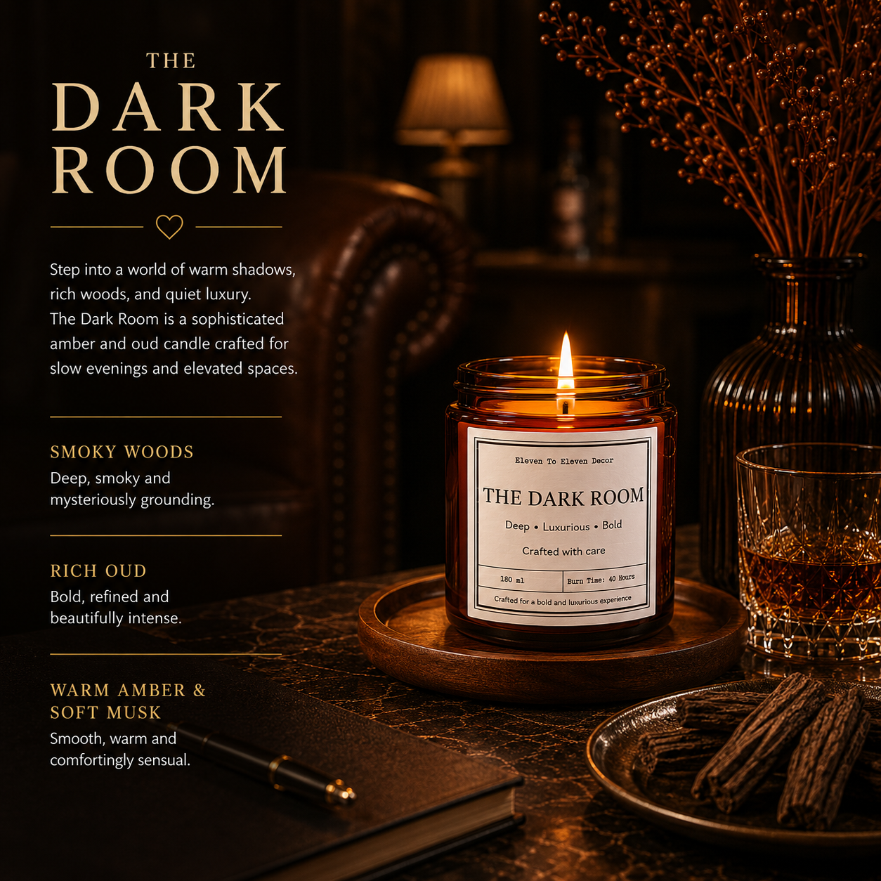 Soy Wax Scented Candle Amber Glass Jar: The Dark Room