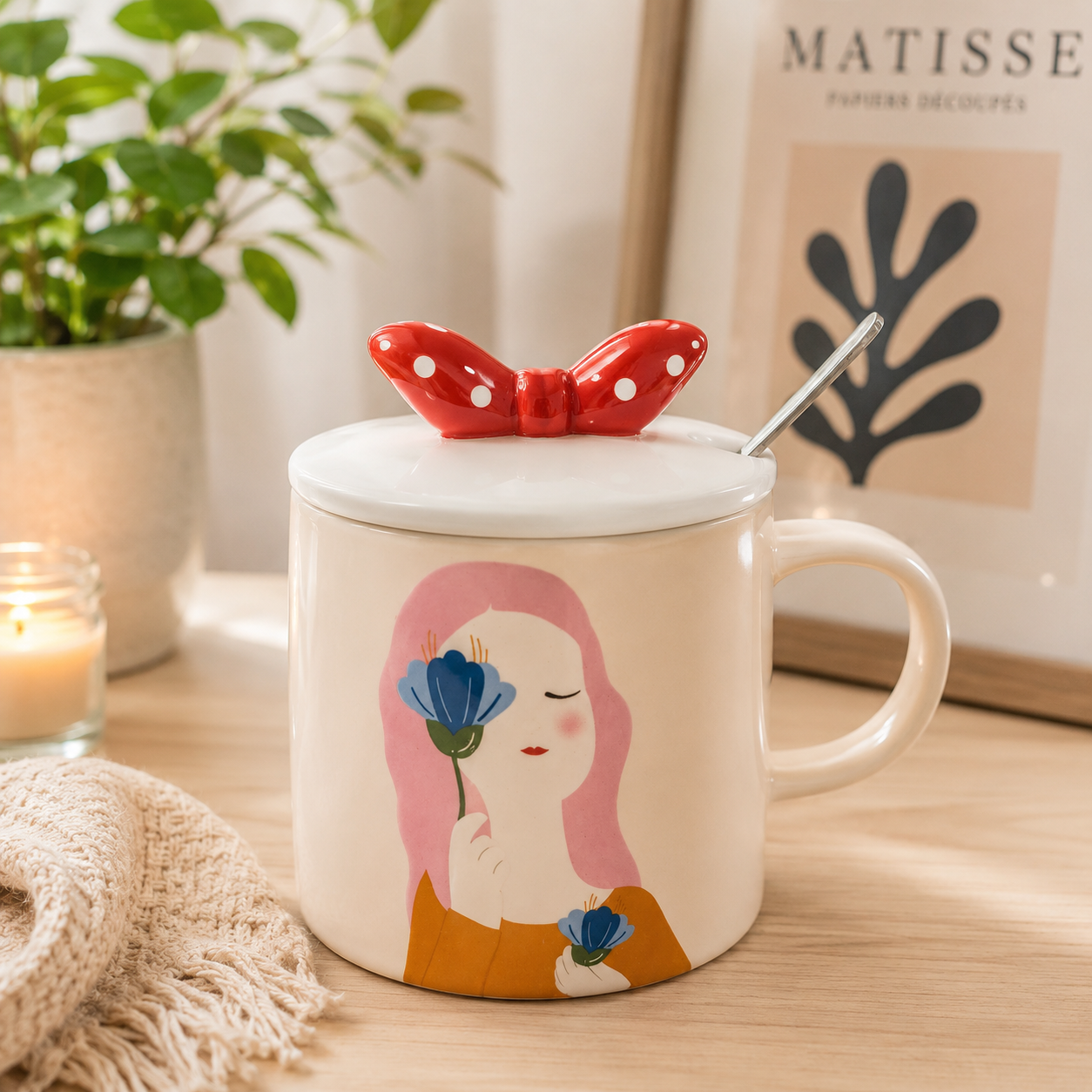Ceramic Coffee Mug with Lid & Spoon | Cute Girl Printed Tea Mug | Large Capacity Coffee Cup for Office & Home | Ceramic Mug for Tea, Coffee & Milk (300ml)
