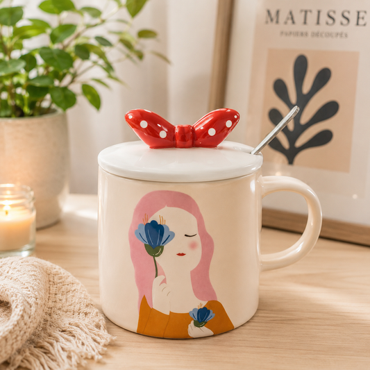 Ceramic Coffee Mug with Lid & Spoon | Cute Girl Printed Tea Mug | Large Capacity Coffee Cup for Office & Home | Ceramic Mug for Tea, Coffee & Milk (300ml)