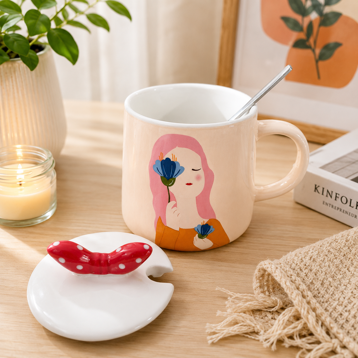 Ceramic Coffee Mug with Lid & Spoon | Cute Girl Printed Tea Mug | Large Capacity Coffee Cup for Office & Home | Ceramic Mug for Tea, Coffee & Milk (300ml)